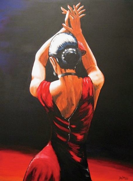 Flamenco Das Bild zeigt eine Flamenco Tänzerin in rot schwarz gehalten